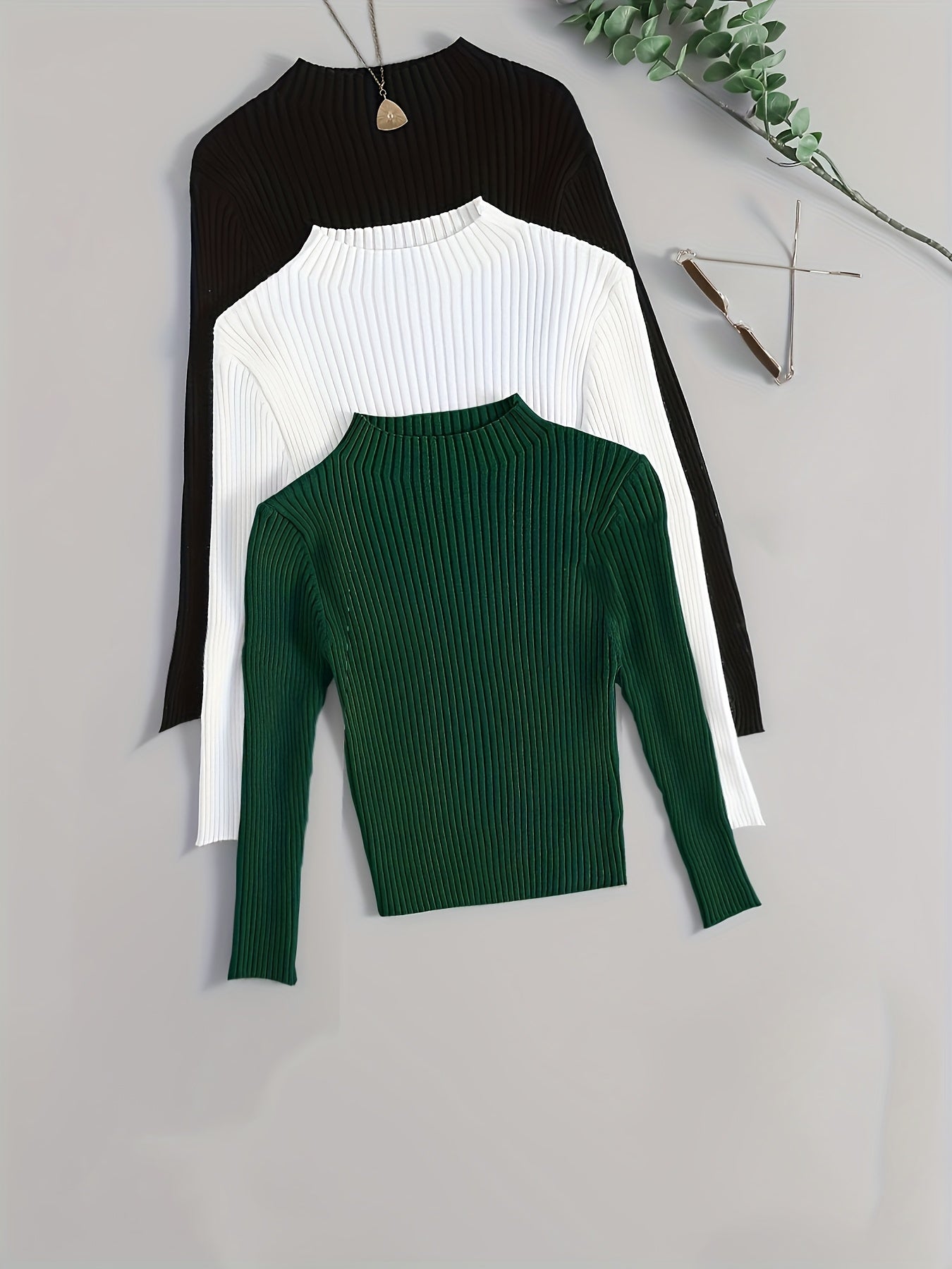 Conjunto de 3 Peças com Gola Alta em Malha Canelada, Base Elástica e Cor Lisa - Estilo Versátil Vintage