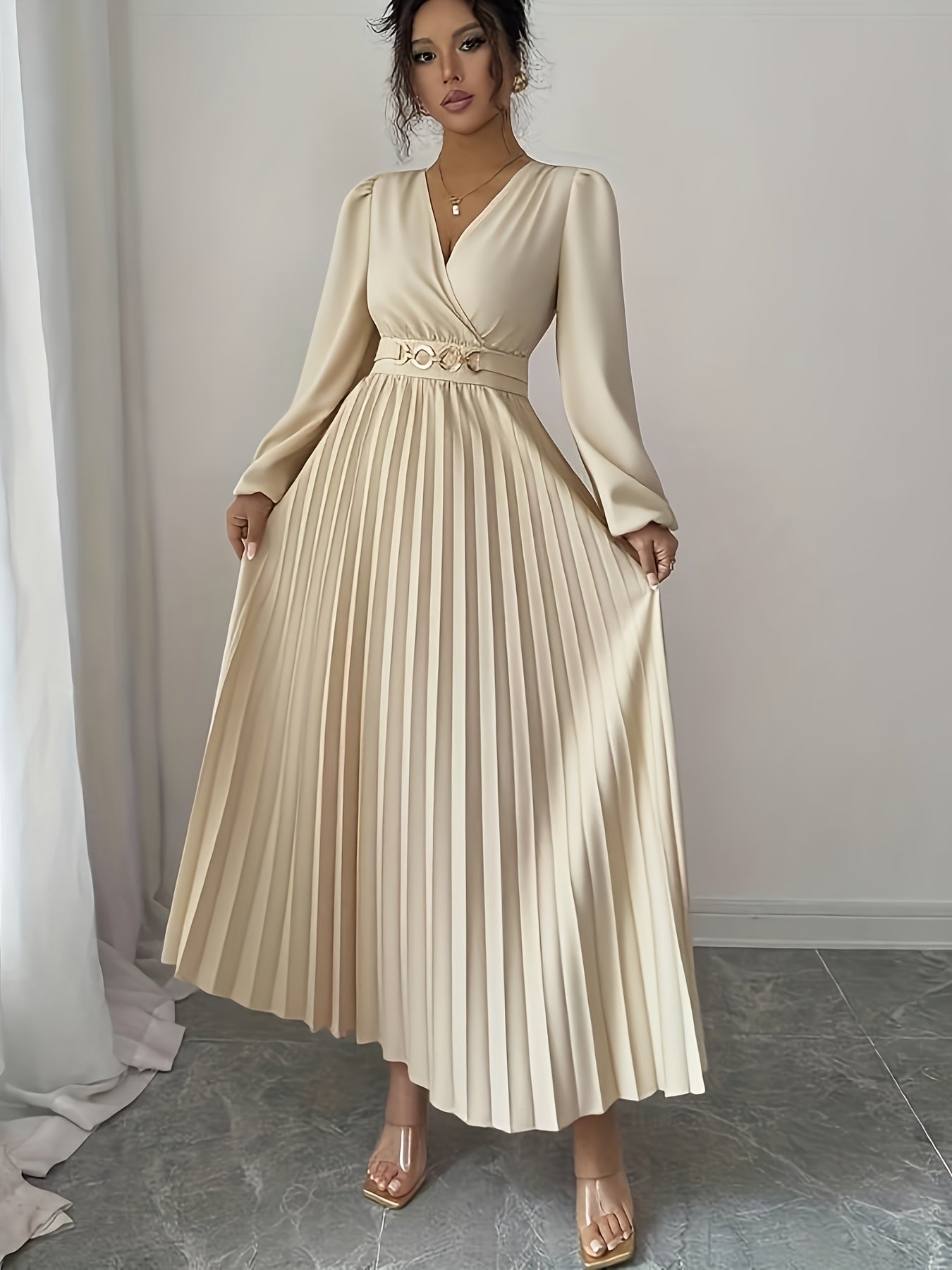 Vestido Metálico Elegante de Mulher com Decote em V, Manga Balão e Fecho de Zíper nas Costas - Vestido de Noite Formal A-Line até ao Chão, Lavável na Máquina para Festas e Eventos, Cintura Estruturada e Bainha Évasée, Vestido de Festa | Vestido Decote em V | Tecido