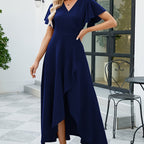 Chic V-Neck High-Low Dress with Ruffle Sleeves