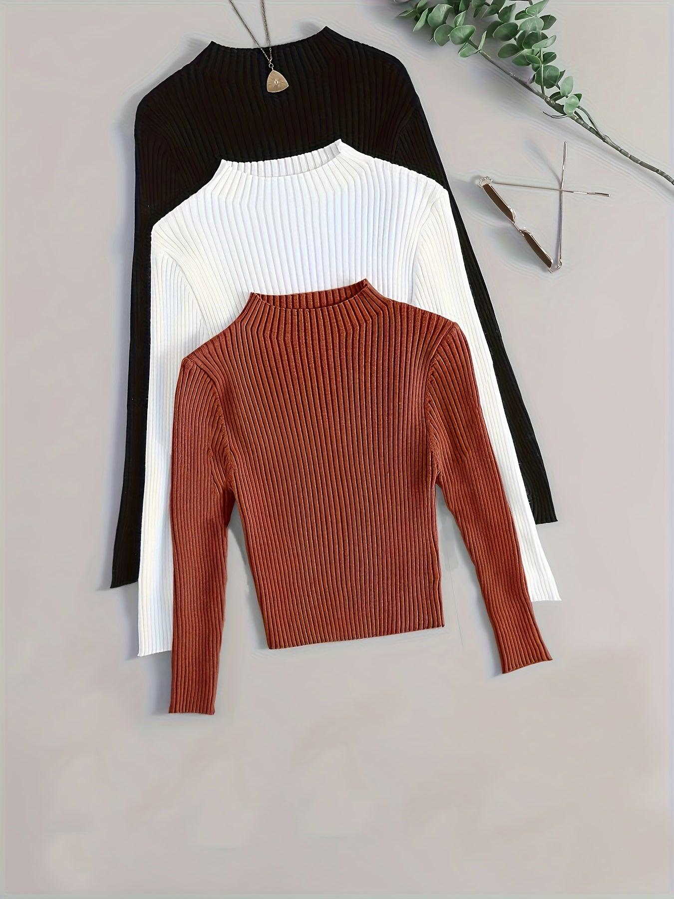 Conjunto de 3 Peças com Gola Alta em Malha Canelada, Base Elástica e Cor Lisa - Estilo Versátil Vintage