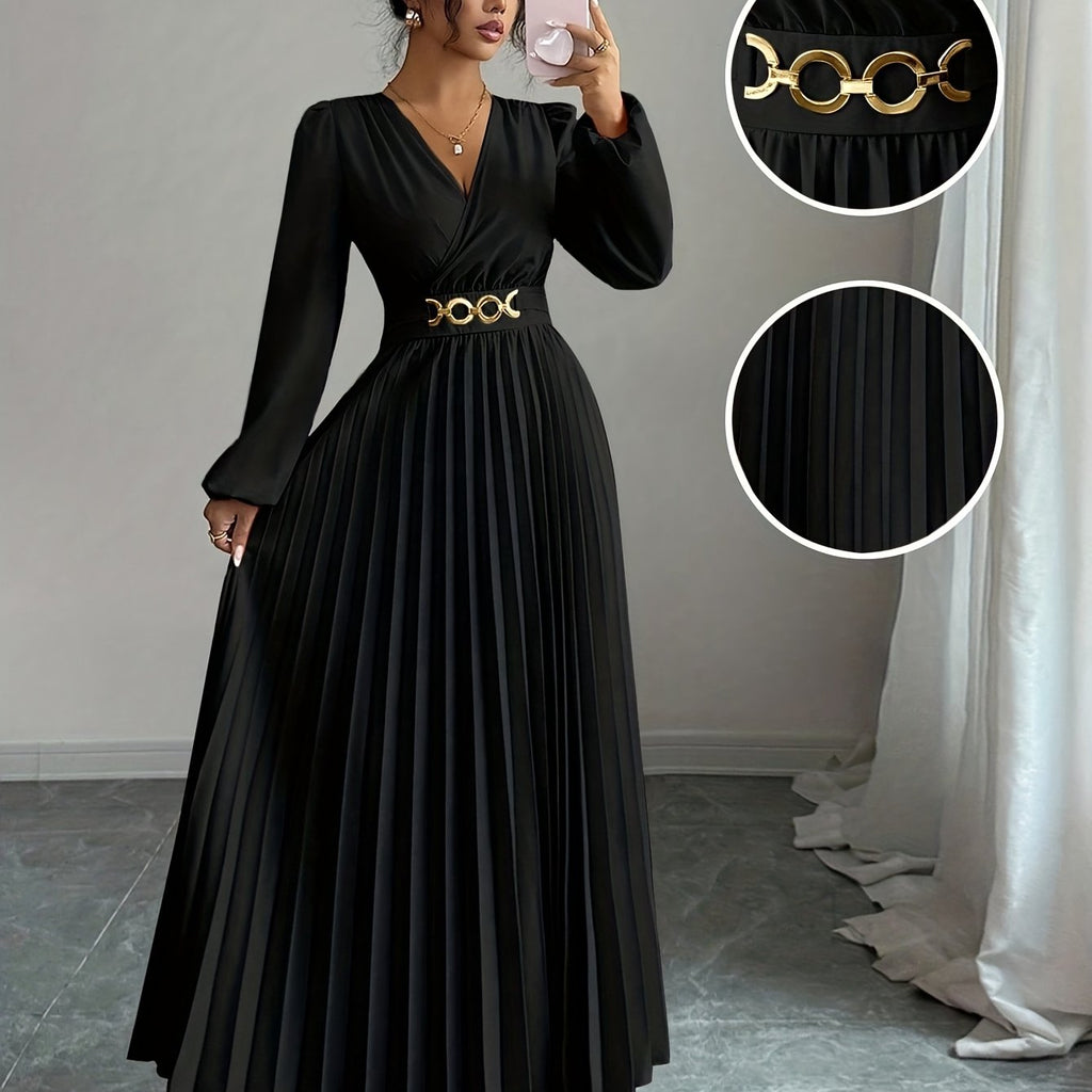 Elegant Metallic V-Neck Evening Gown with Balloon Sleeves