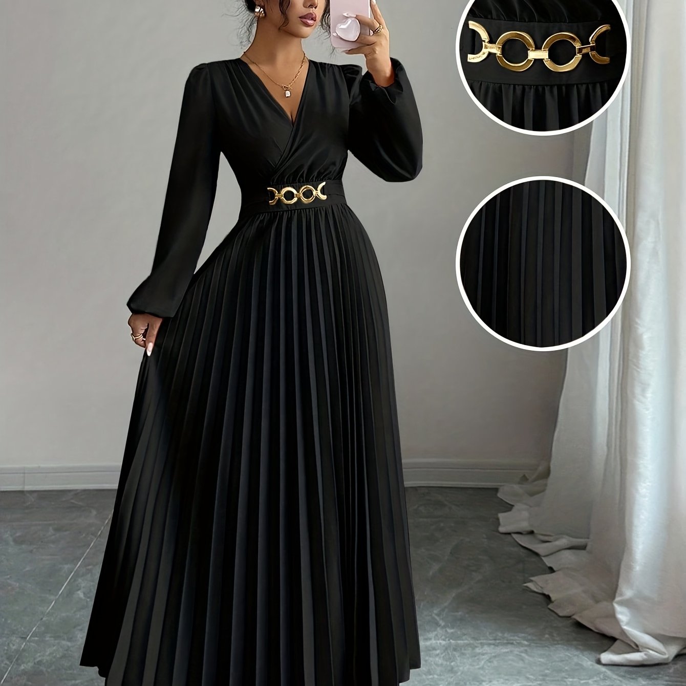 Elegant Metallic V-Neck Evening Gown with Balloon Sleeves