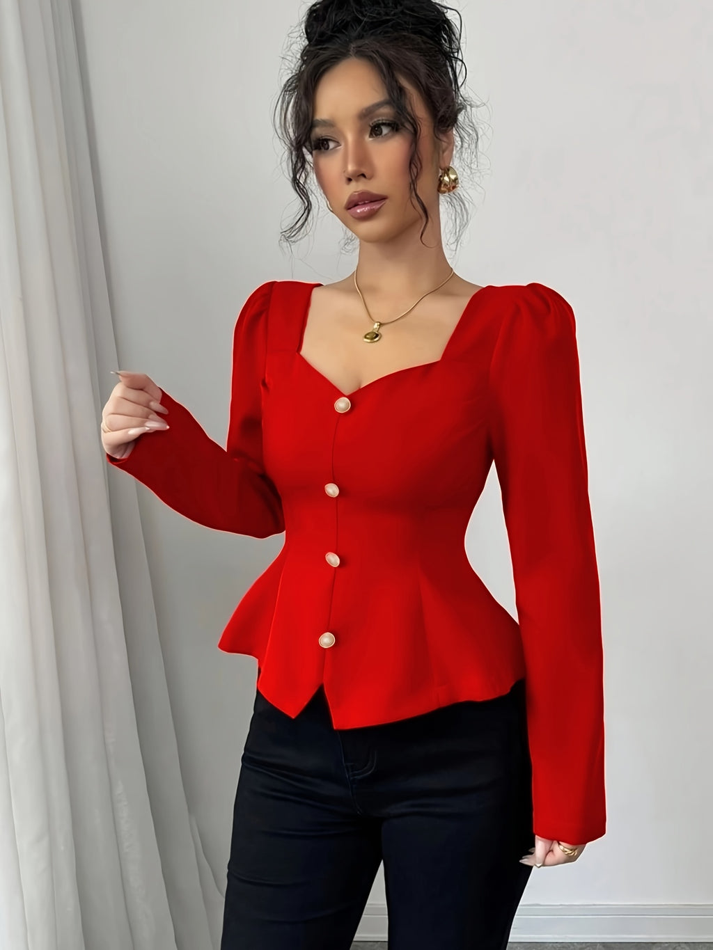 Blusa elegante de manga bolha em cor sólida estilo francês para mulher - Vermelho com decote em forma de coração, botões falsos, perfeita para primavera/outono, top elegante para adultos|Estilo francês vintage|Top com botões falsos