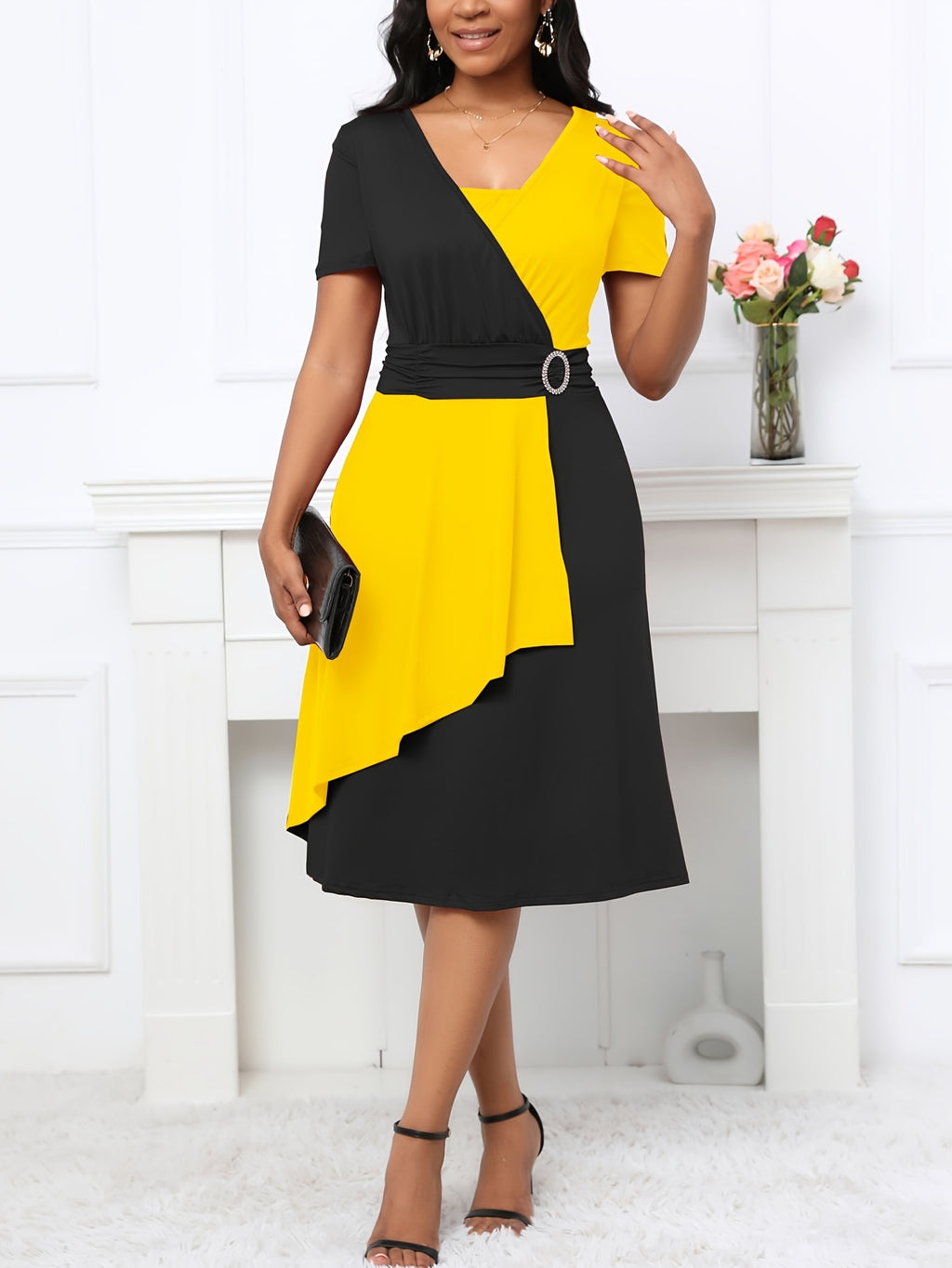 Vestido elegante de linha A para mulheres, em poliéster 95% e spandex 5%, tecido de malha, cor sólida para todas as estações, decote em V, vestido leve de 200g/m² para adultos