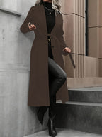 Casaco Trench Comprido Elegante para Mulher - Casaco de Inverno com Cinto na Cintura, Tecido Estruturado Sem Elasticidade, Roupa Exterior Chique de Escritório para Festa para Outono/Inverno