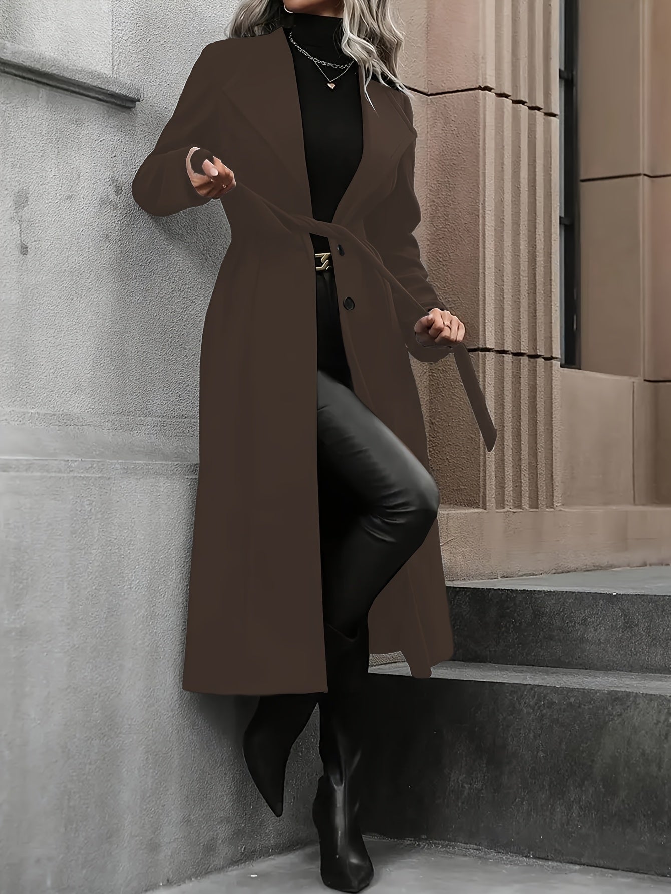 Casaco Trench Comprido Elegante para Mulher - Casaco de Inverno com Cinto na Cintura, Tecido Estruturado Sem Elasticidade, Roupa Exterior Chique de Escritório para Festa para Outono/Inverno