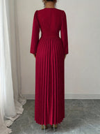 Vestido Feminino Elegante Estilo Francês com Decote em V e Cintura Plissada (Cintura Falsa/Estreita Oculta) - Manga Longa para Casamento de Inverno, Vestido de Festa Formal Lavável na Máquina, Cor Sólida