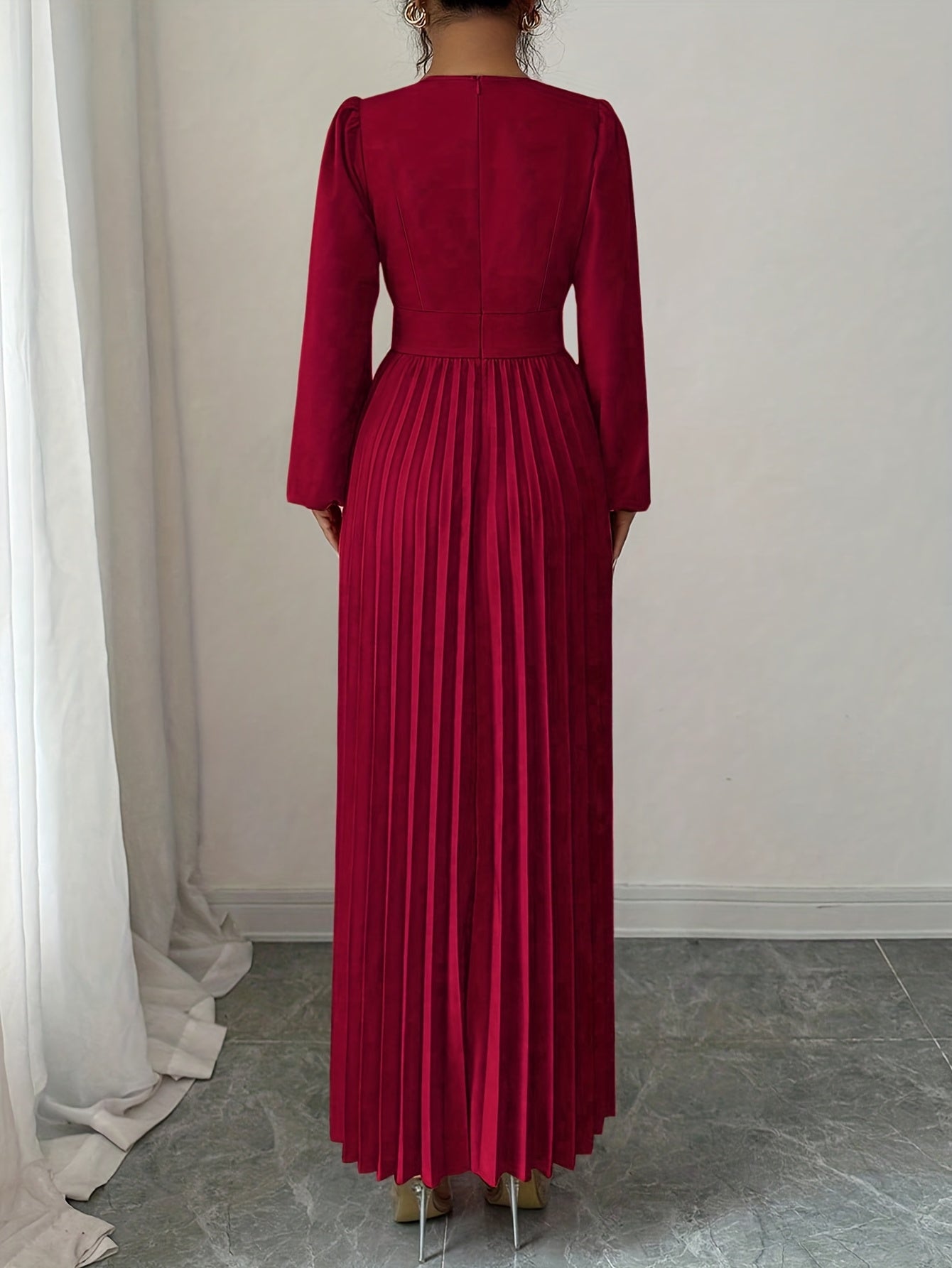 Vestido Feminino Elegante Estilo Francês com Decote em V e Cintura Plissada (Cintura Falsa/Estreita Oculta) - Manga Longa para Casamento de Inverno, Vestido de Festa Formal Lavável na Máquina, Cor Sólida