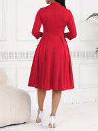 Vestido Feminino de Primavera/Outono com Cintura Ajustável, Elegante e Sofisticado, Para Ambiente de Trabalho, Vestido Midi Azul Marinho com Laço no Pescoço HRYY116