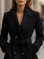 Casaco Longo de Outono/Inverno com Lapela Grande, Mangas Compridas, Bolso e Estilo Francês Minimalista e Elegante em Tweed