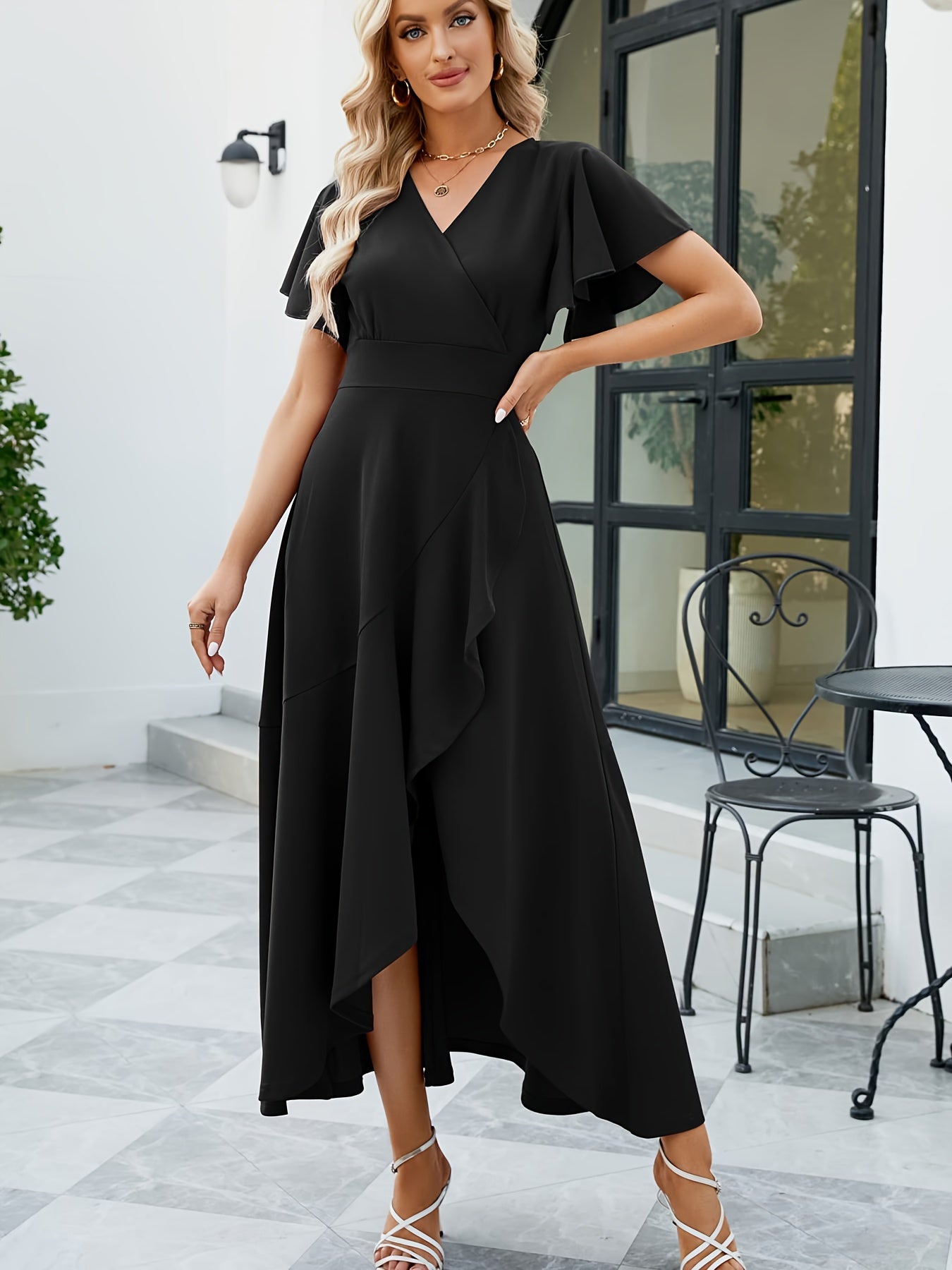 Vestido com decote em V alto-baixo, elegante vestido de linha A com mangas de folho de cor sólida, roupa de mulher