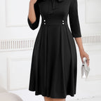 Navy Blue Midi Dress with Elegant Bow Tie