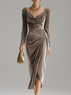 Vestido Formal Elegante de Festa para Mulher - Silhueta A-Line de Manga Comprida com Bainha Assimétrica, Vestido de Noite Sólido para Ocasiões Especiais, Ajuste Flattering para Gala, Casamento, Baile de Finalistas - Roupa de Festa de Luxo para Todas as Estações, Vestidos Para Mulher Elegantes e Sofisticados