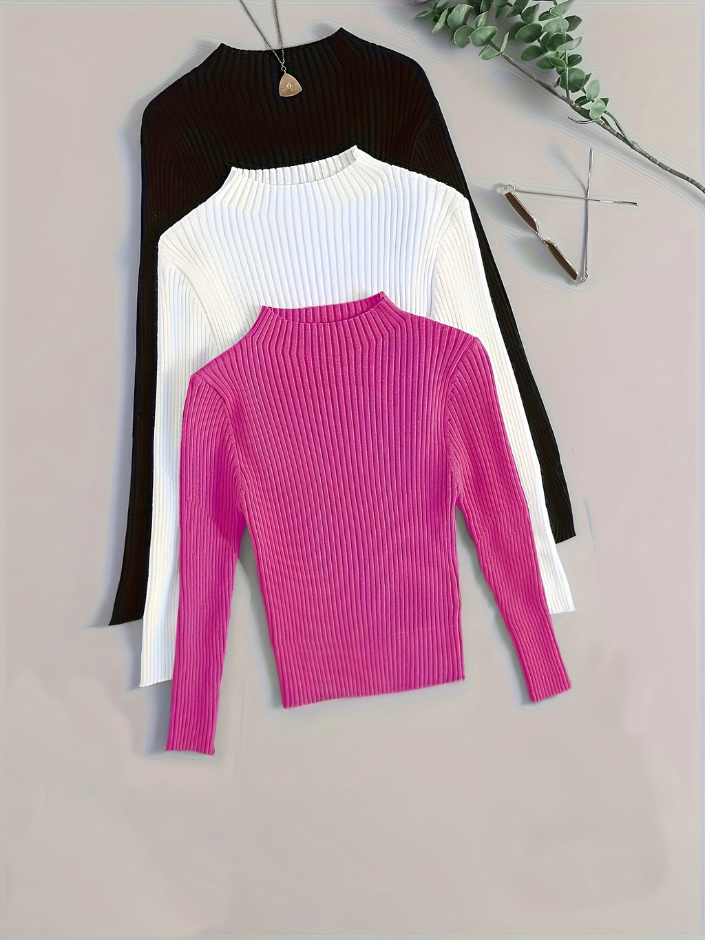 Conjunto de 3 Peças com Gola Alta em Malha Canelada, Base Elástica e Cor Lisa - Estilo Versátil Vintage