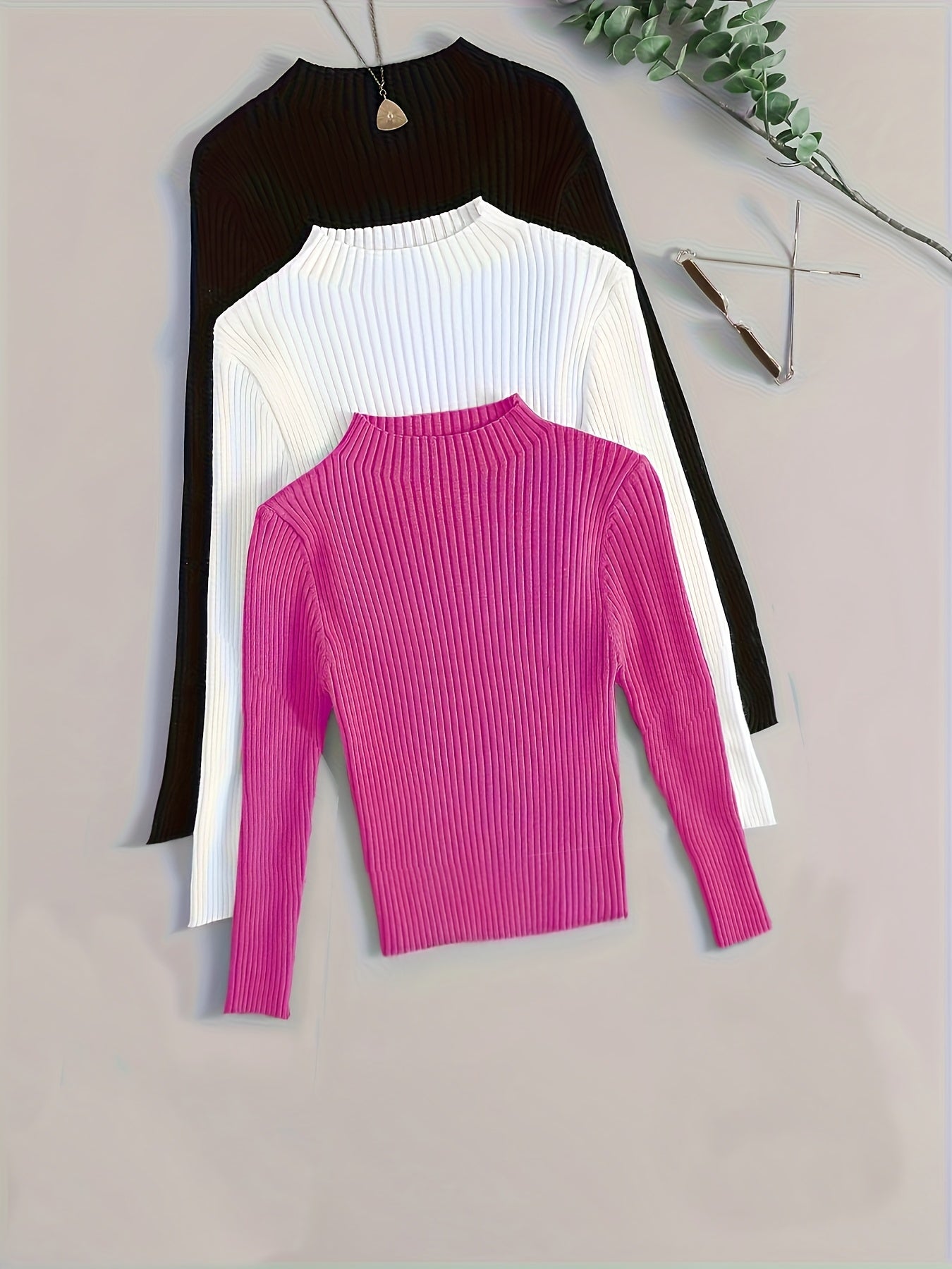 Conjunto de 3 Peças com Gola Alta em Malha Canelada, Base Elástica e Cor Lisa - Estilo Versátil Vintage