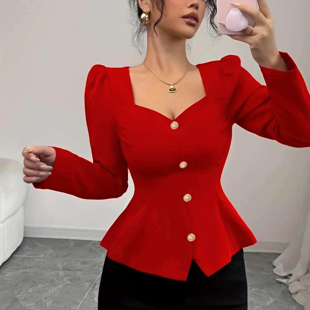 Elegant Bubble Sleeve Blouse with Heart Neckline - Red