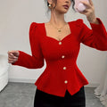 Elegant Bubble Sleeve Blouse with Heart Neckline - Red