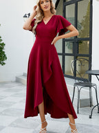 Vestido com decote em V alto-baixo, elegante vestido de linha A com mangas de folho de cor sólida, roupa de mulher