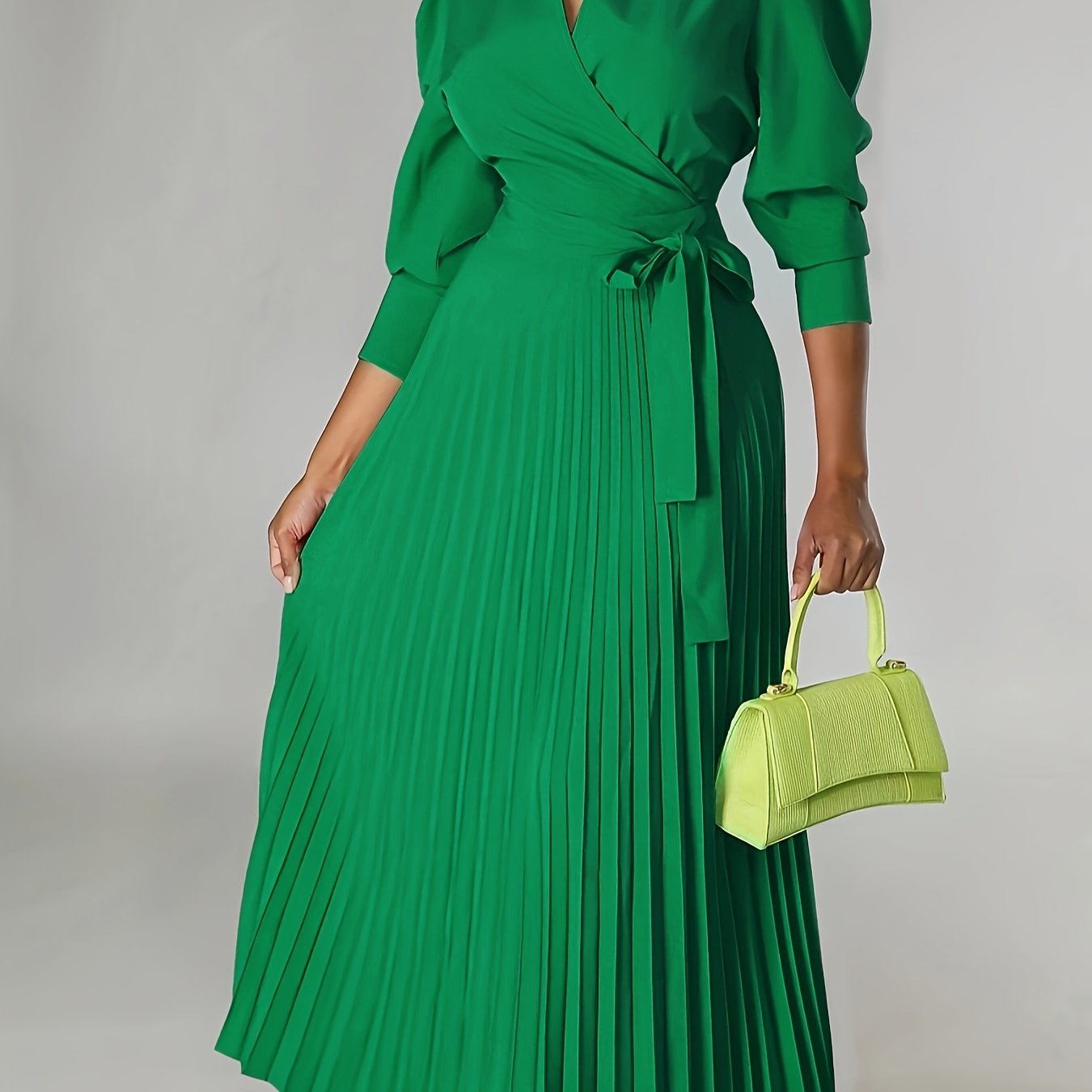 Chic Green Midi Dress with Pleated Neckline