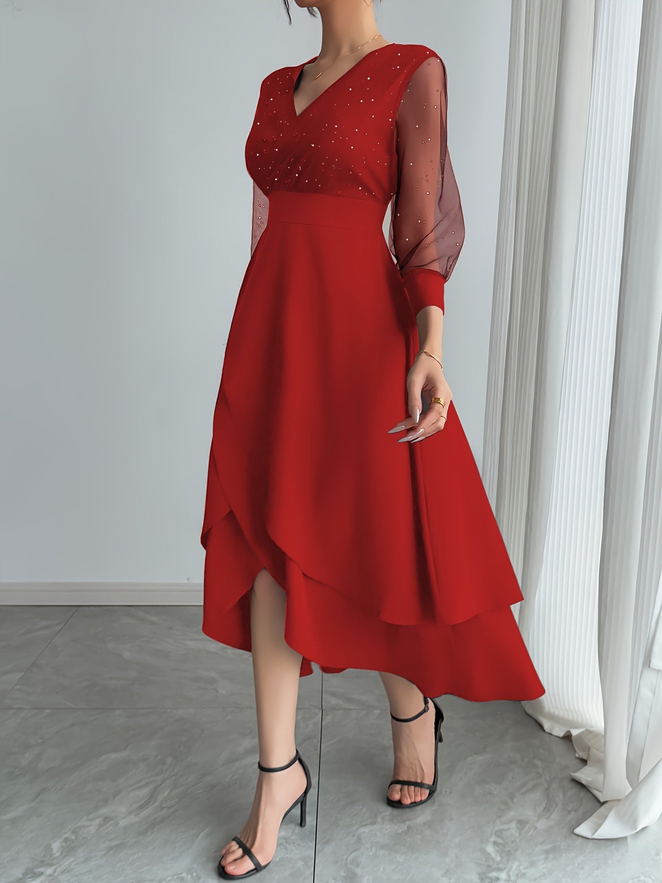 Vestido midi elegante para mulher com decote em V e lantejoulas pretas, com mangas em malha contrastante - Roupa de festa e feriado elegante para todas as estações, perfeita para uma noite de encontro ou presente de Dia dos Namorados, vestido de festa | Vestido com decote em V | Tecido de poliéster