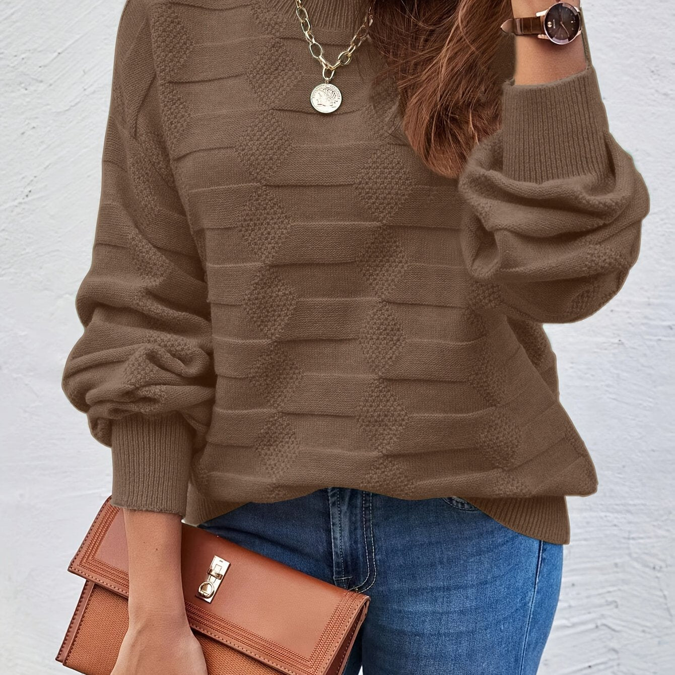 Chic Round Neck Women's Sweater – High Elasticity & Machine Washable