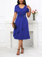 Vestido elegante de linha A para mulheres, em poliéster 95% e spandex 5%, tecido de malha, cor sólida para todas as estações, decote em V, vestido leve de 200g/m² para adultos