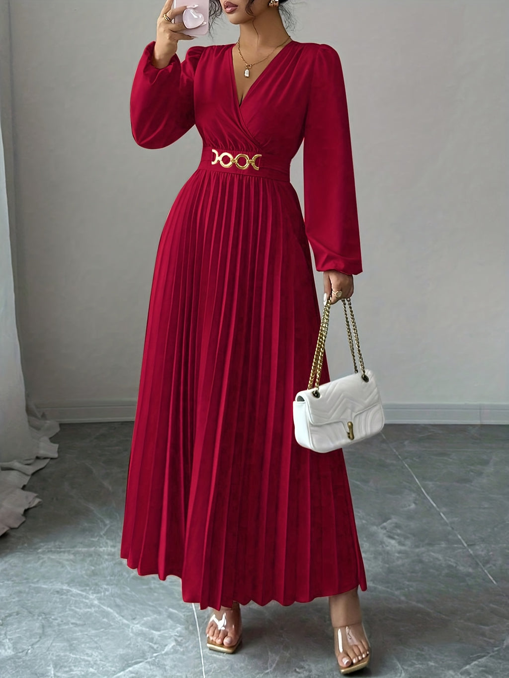Vestido Feminino Elegante Estilo Francês com Decote em V e Cintura Plissada (Cintura Falsa/Estreita Oculta) - Manga Longa para Casamento de Inverno, Vestido de Festa Formal Lavável na Máquina, Cor Sólida