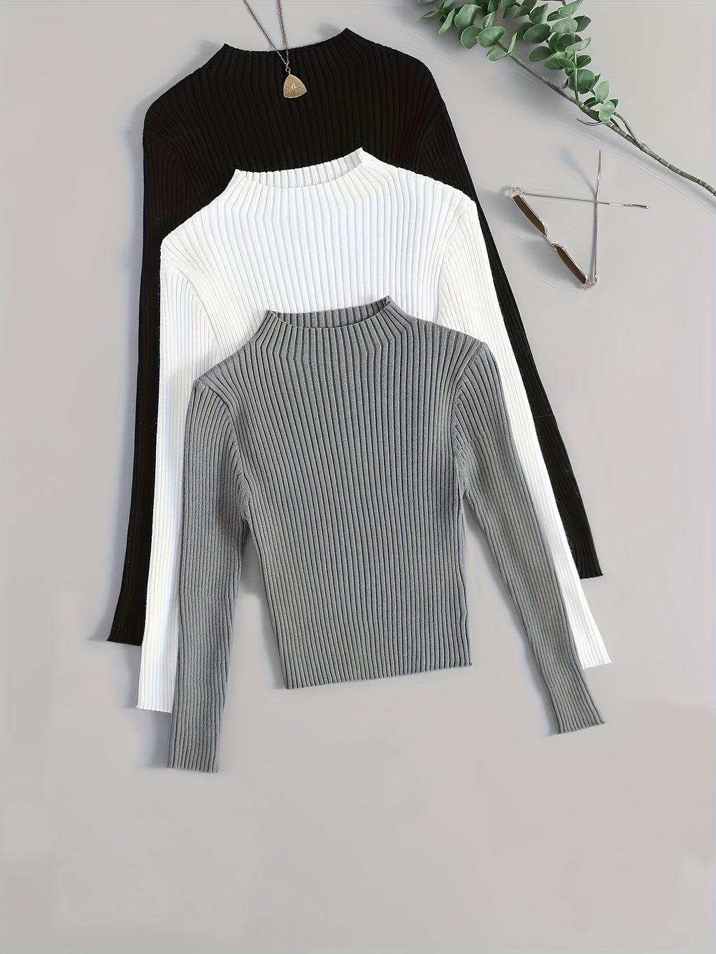 Conjunto de 3 Peças com Gola Alta em Malha Canelada, Base Elástica e Cor Lisa - Estilo Versátil Vintage