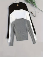 Conjunto de 3 Peças com Gola Alta em Malha Canelada, Base Elástica e Cor Lisa - Estilo Versátil Vintage