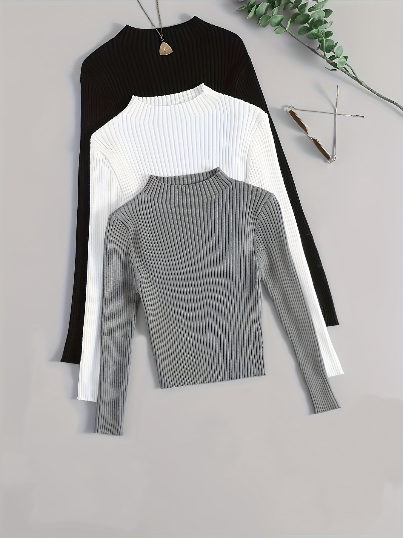 Conjunto de 3 Peças com Gola Alta em Malha Canelada, Base Elástica e Cor Lisa - Estilo Versátil Vintage