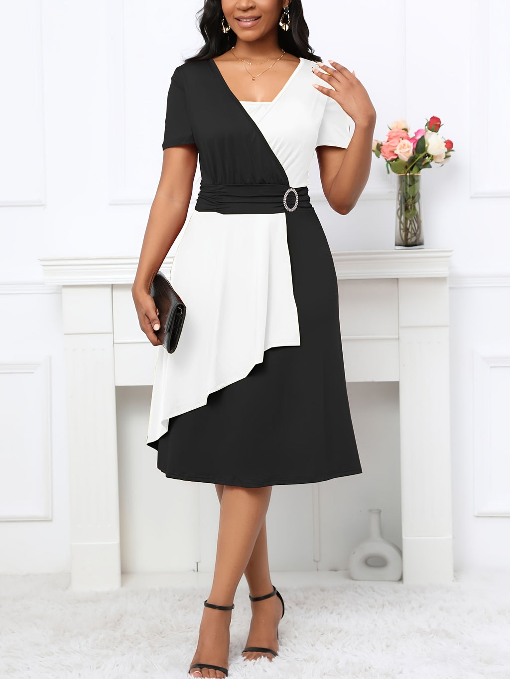 Vestido elegante de linha A para mulheres, em poliéster 95% e spandex 5%, tecido de malha, cor sólida para todas as estações, decote em V, vestido leve de 200g/m² para adultos