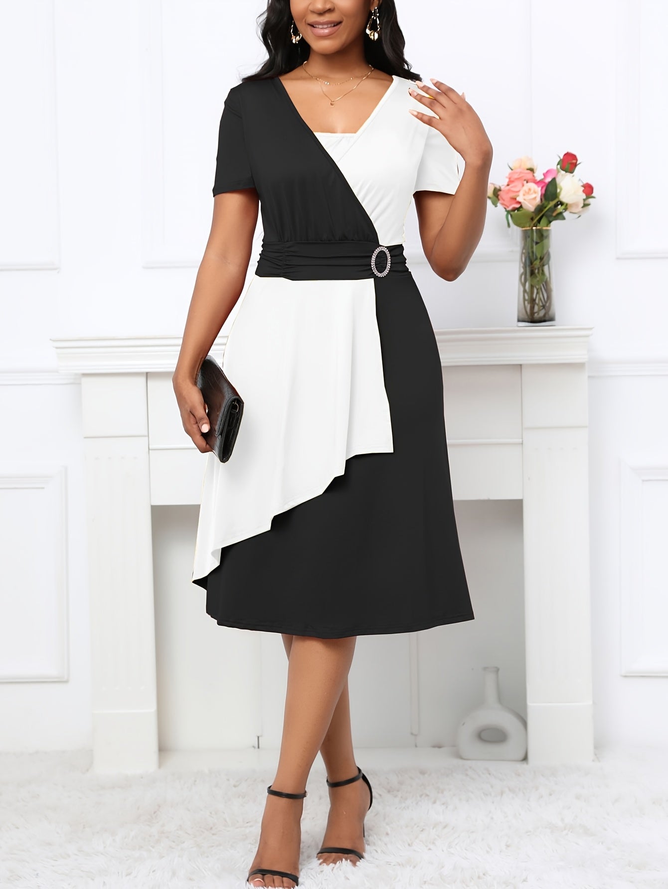 Vestido elegante de linha A para mulheres, em poliéster 95% e spandex 5%, tecido de malha, cor sólida para todas as estações, decote em V, vestido leve de 200g/m² para adultos