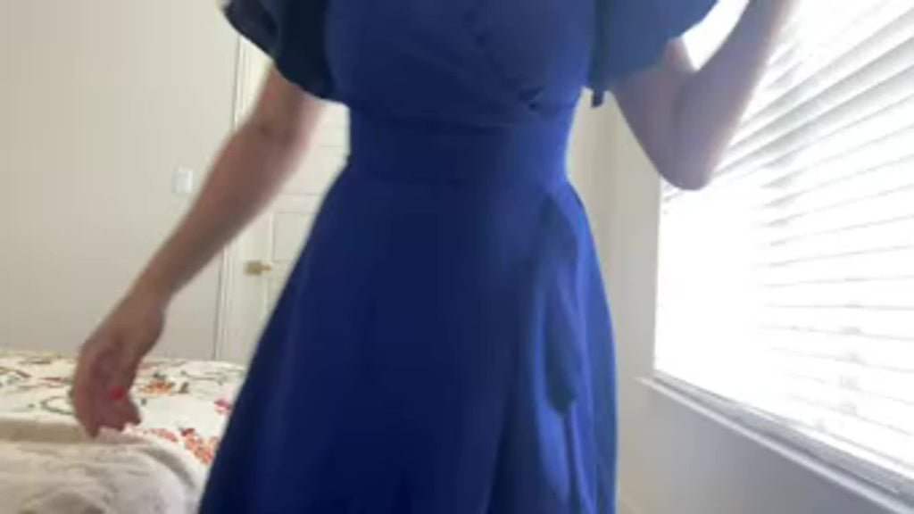 Vestido com decote em V alto-baixo, elegante vestido de linha A com mangas de folho de cor sólida, roupa de mulher