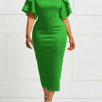 Elegant Green Midi Dress with Dramatic Ruffled Sleeves